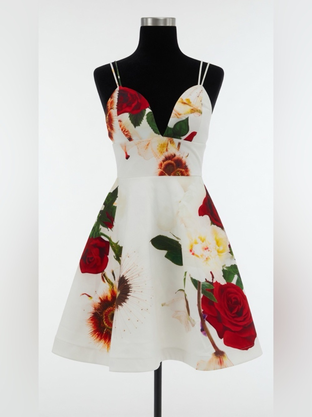 Tiger Mist Floral Mini Dress White with Red Roses Sunflowers Spaghetti Straps